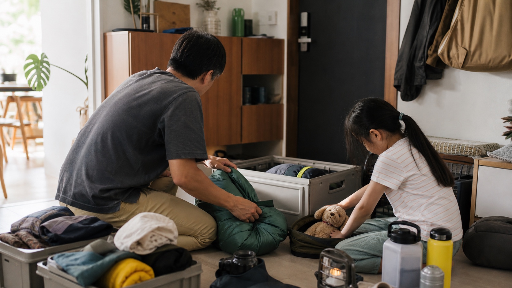 家長與孩子在家整理睡袋和親子露營用品
