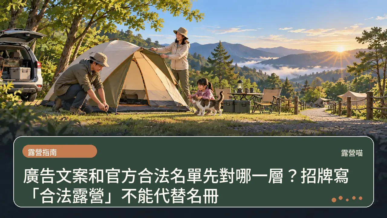 廣告文案和官方合法名單先對哪一層？招牌寫「合法露營」不能代替名冊主題插畫