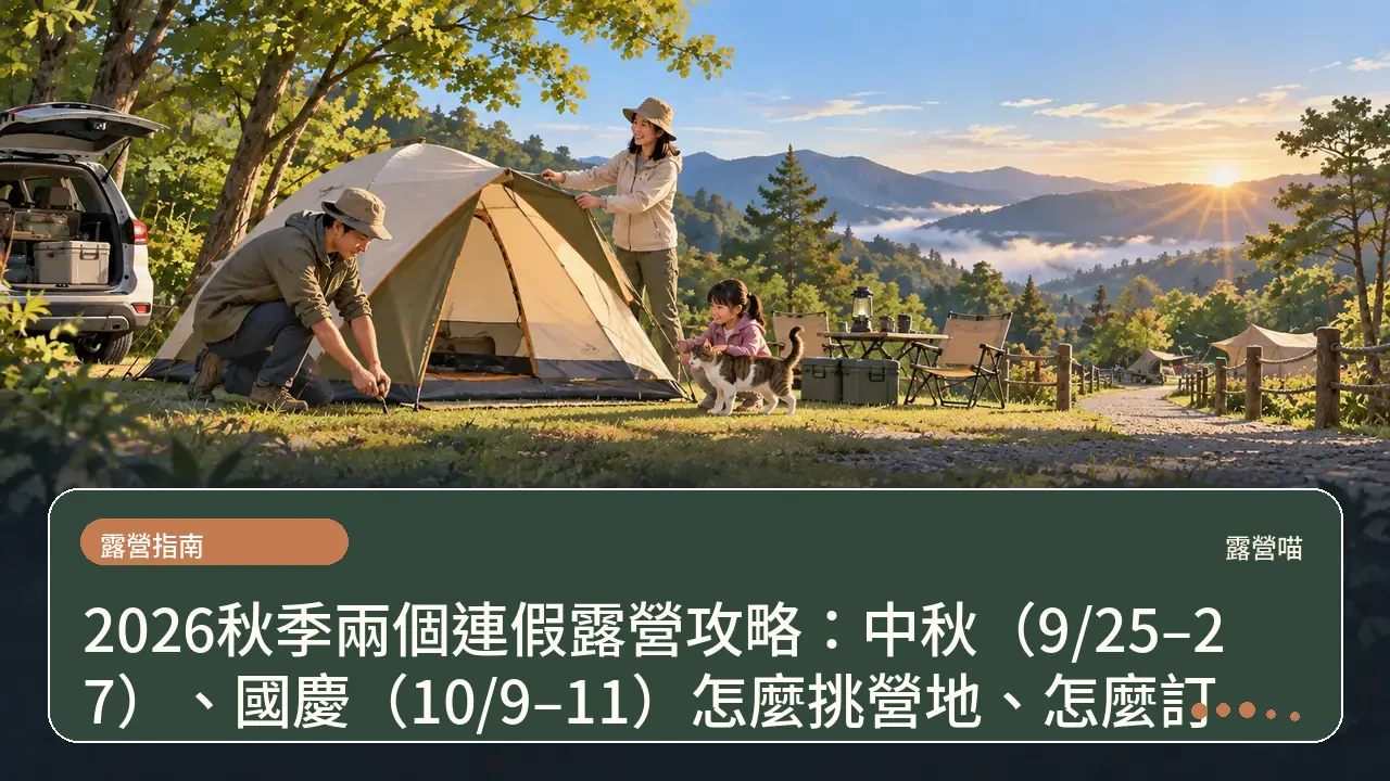 2026秋季兩個連假露營攻略：中秋（9/25–27）、國慶（10/9–11）怎麼挑營地、怎麼訂主題插畫