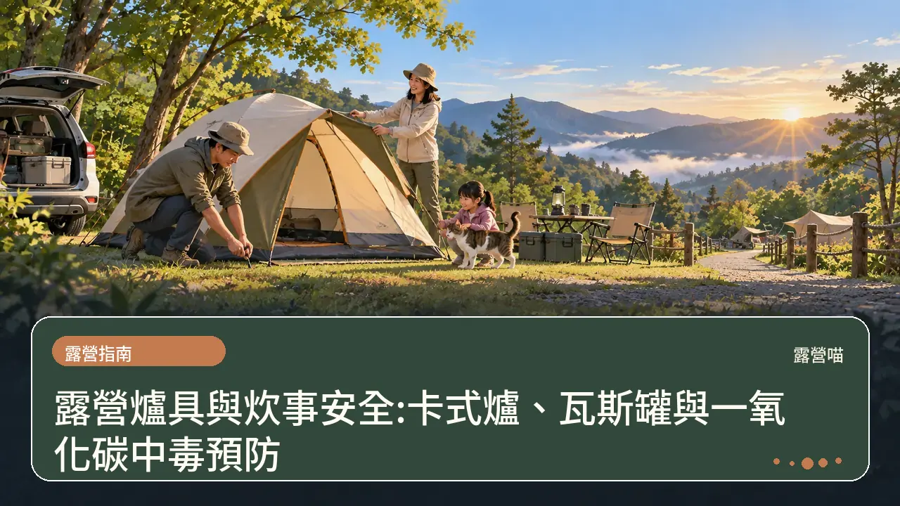 露營爐具與炊事安全:卡式爐、瓦斯罐與一氧化碳中毒預防主題插畫