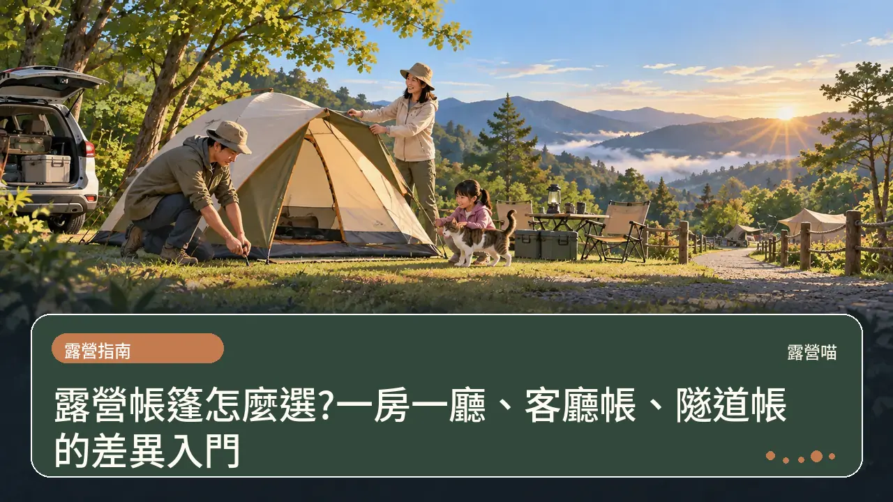 露營帳篷怎麼選?一房一廳、客廳帳、隧道帳的差異入門主題插畫