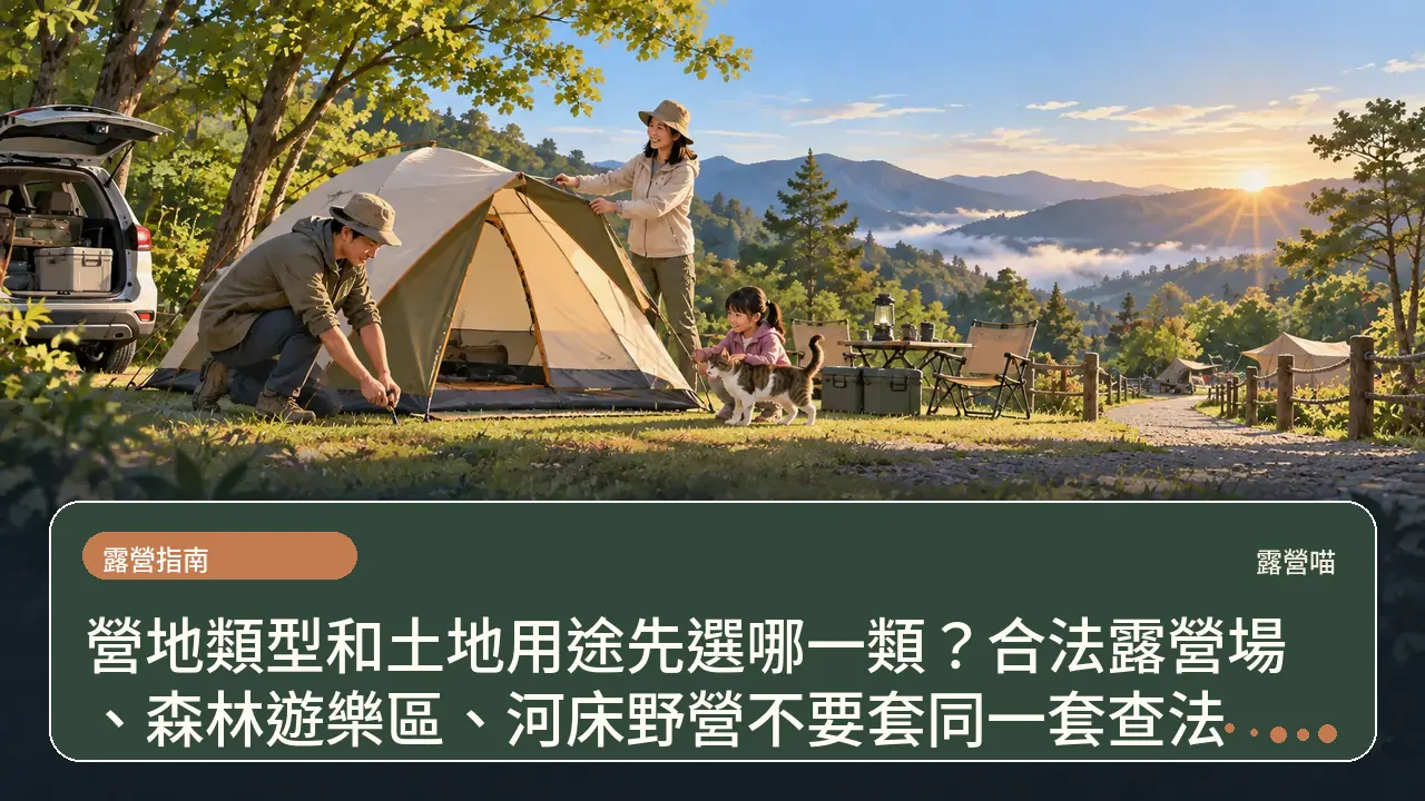 營地類型和土地用途先選哪一類？合法露營場、森林遊樂區、河床野營不要套同一套查法主題插畫