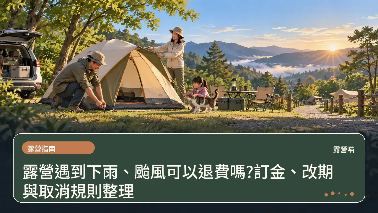 露營遇到下雨、颱風可以退費嗎?訂金、改期與取消規則整理主題插畫