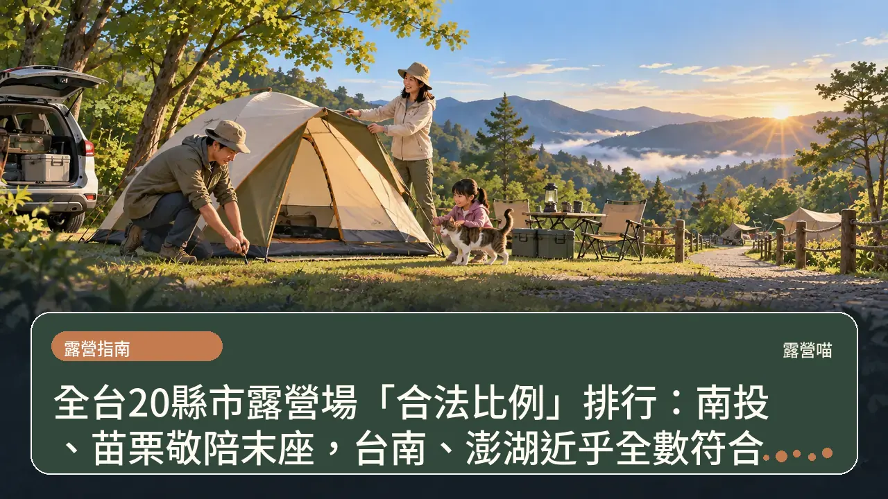 全台20縣市露營場「合法比例」排行：南投、苗栗敬陪末座，台南、澎湖近乎全數符合主題插畫