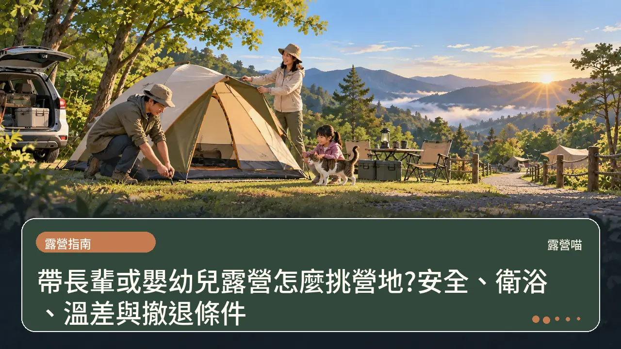 帶長輩或嬰幼兒露營怎麼挑營地?安全、衛浴、溫差與撤退條件主題插畫