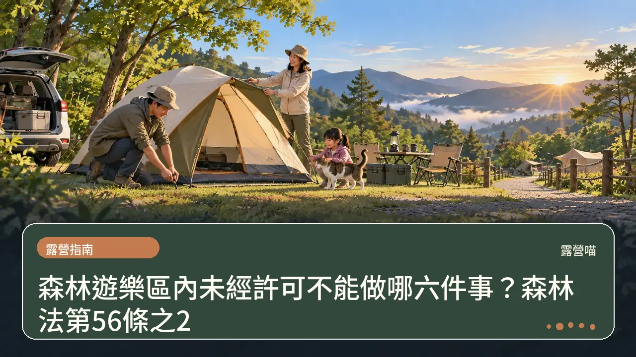 森林遊樂區內未經許可不能做哪六件事？森林法第56條之2主題插畫
