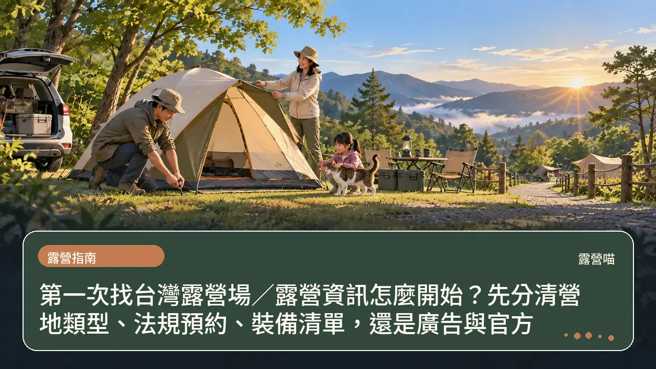 第一次找台灣露營場/露營資訊怎麼開始?先分清營地類型、法規預約、裝備清單,還是廣告與官方主題插畫