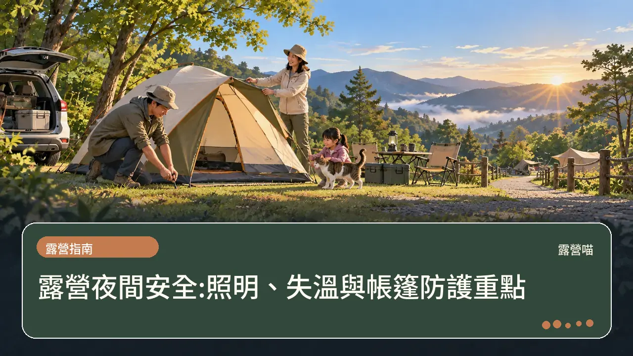 露營夜間安全:照明、失溫與帳篷防護重點主題插畫