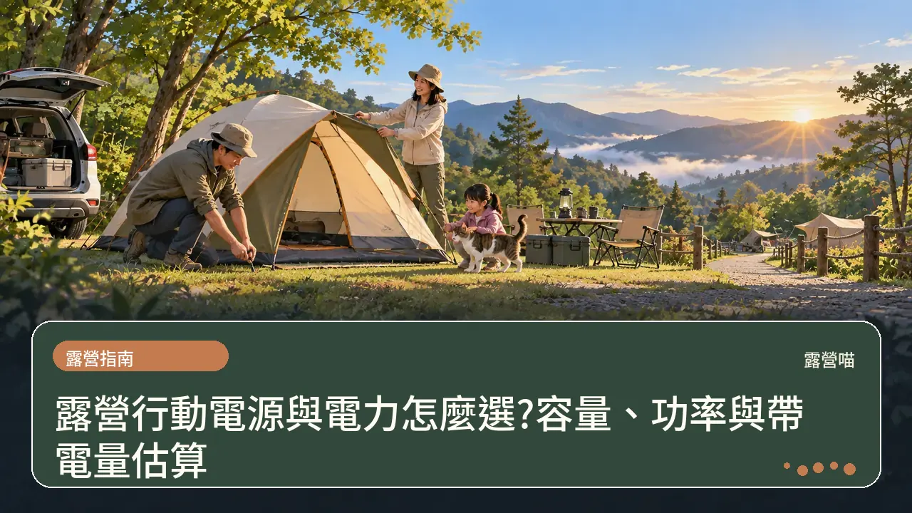 露營行動電源與電力怎麼選?容量、功率與帶電量估算主題插畫