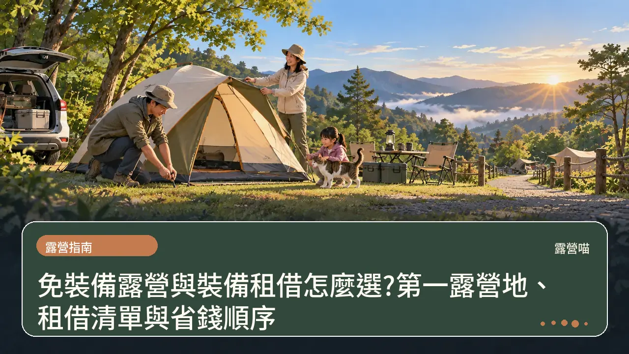免裝備露營與裝備租借怎麼選?第一露營地、租借清單與省錢順序主題插畫