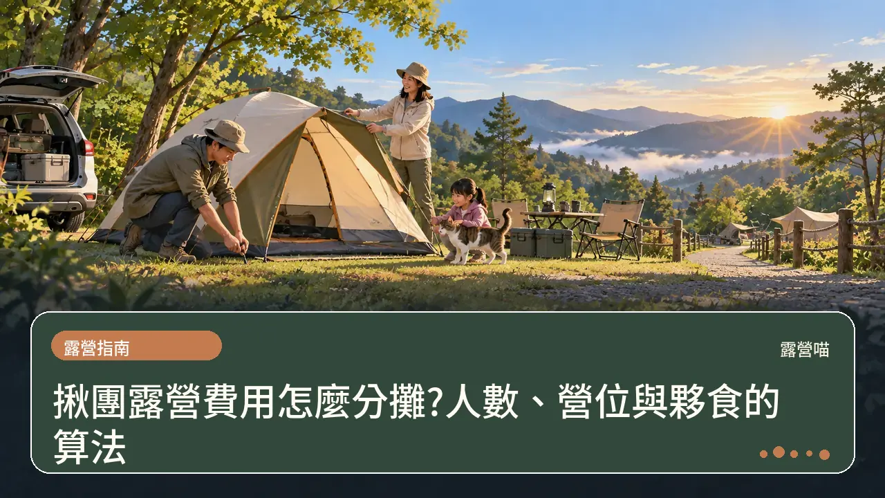 揪團露營費用怎麼分攤?人數、營位與夥食的算法主題插畫